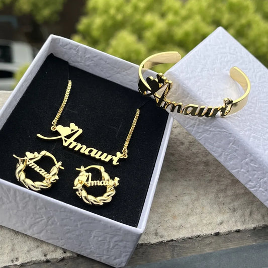 Custom Personalized Letter Necklace, Bangles and Earrings Set